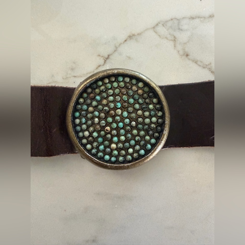 Incredible Brown Leather Disc Bracelet with Turquoise Stones